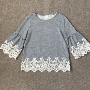 Chico's Shirt Womens 0 (Small) Blue White Striped Lace Bell Sleeves Hem Casual